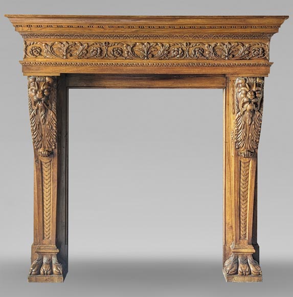 Neo Renaissance style carved walnut wood mantel with lion heads and paws-0