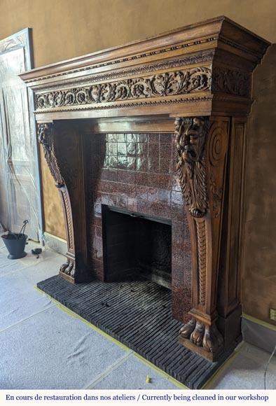 Neo Renaissance style carved walnut wood mantel with lion heads and paws-9