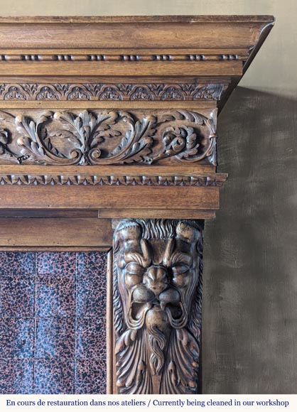 Neo Renaissance style carved walnut wood mantel with lion heads and paws-10