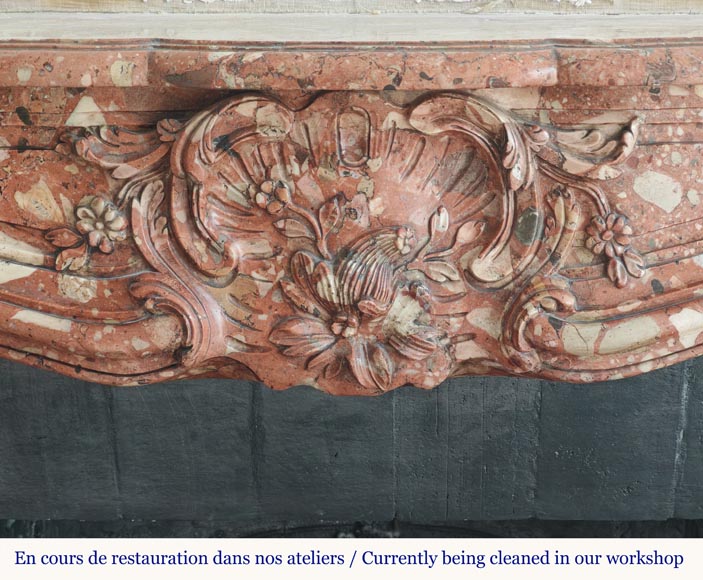 Louis XV style red marble mantel with curved sides and shell flowers-1