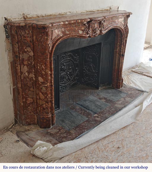 Louis XV style red marble mantel with curved sides and shell flowers-4