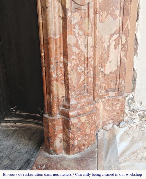 Louis XV style red marble mantel with curved sides and shell flowers-10