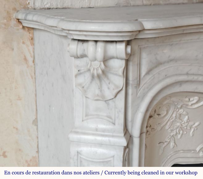 Carved Carrara marble Louis XV style mantel decorated with shells-3