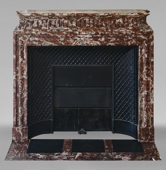 Louis XIV style mantel with acroterion in Rouge du Nord marble-0