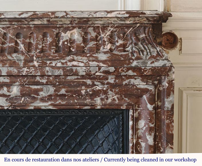 Louis XIV style mantel with acroterion in Rouge du Nord marble-6