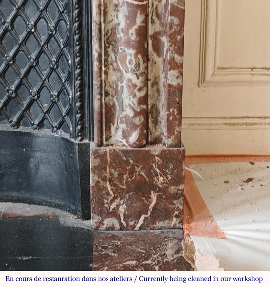 Louis XIV style mantel with acroterion in Rouge du Nord marble-7