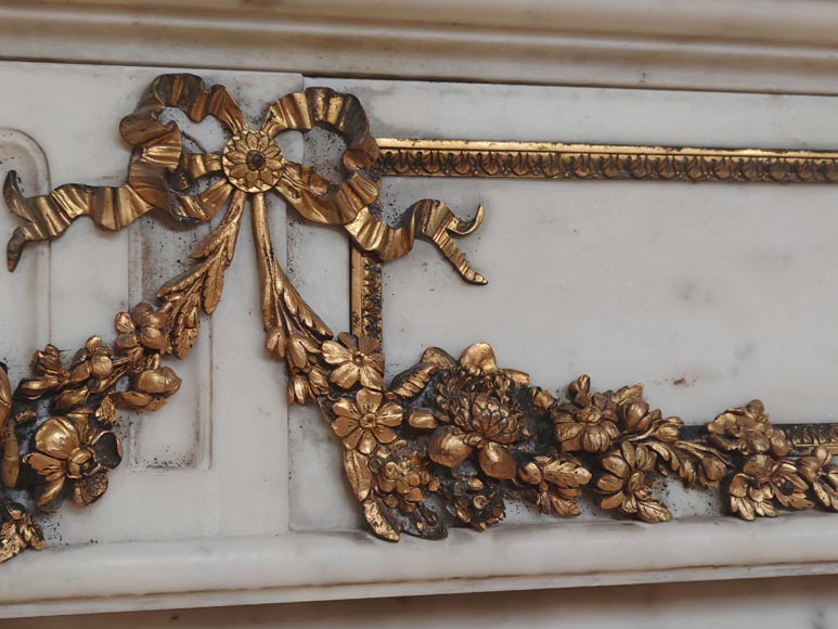 Louis XVI style semi-statuary marble mantel decorated with bronze garlands-2