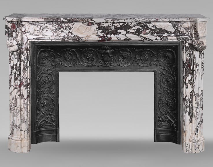 Louis XVI style curved mantel in Breche violette decorated with a Greek frieze-0