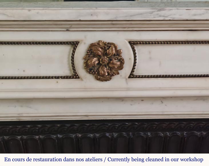 Louis XVI style curved mantel with half columns carved in half statuary marble with bronze décor-1