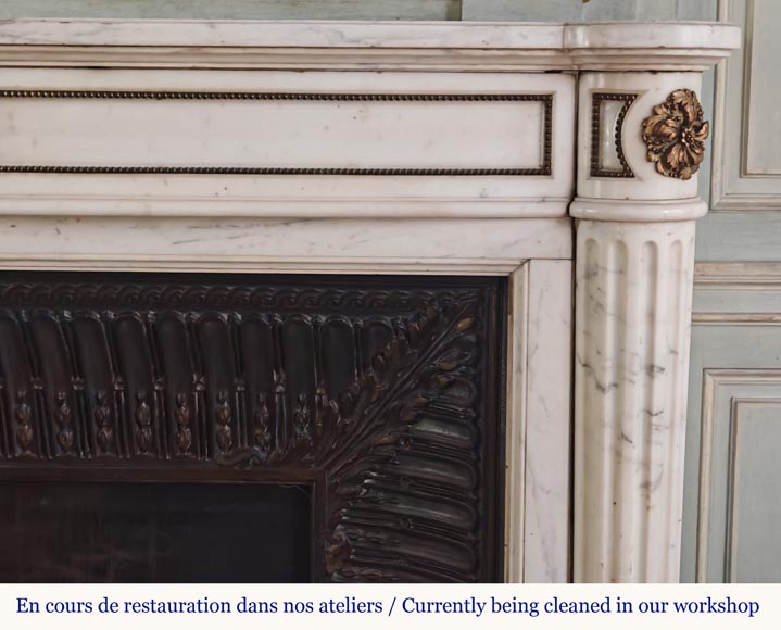 Louis XVI style curved mantel with half columns carved in half statuary marble with bronze décor-9