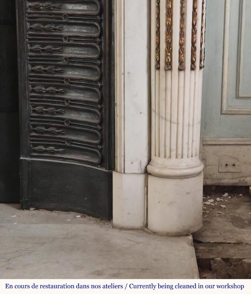 Louis XVI style curved mantel with half columns carved in half statuary marble with bronze décor-10