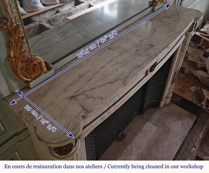 Louis XVI style curved mantel with half columns carved in half statuary marble with bronze décor-13