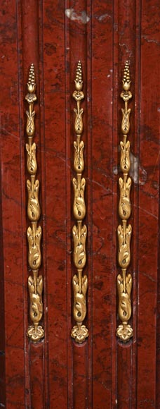 Louis XVI style fireplace in Antique Red marble, with bronze mounts, decorated with a garland-7