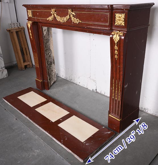 Louis XVI style fireplace in Antique Red marble, with bronze mounts, decorated with a garland-9