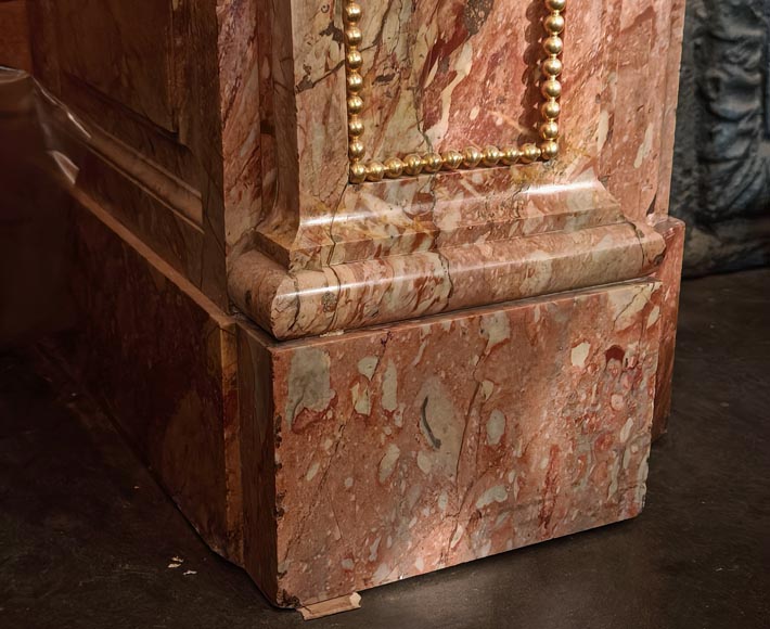 Large Louis XVI style mantel in red breche marble adorned with bronze.-8