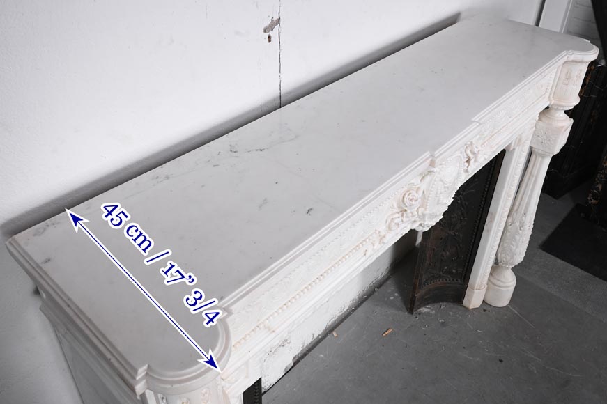 Louis XVI style white marble fireplace with columns and female profile medallion-16