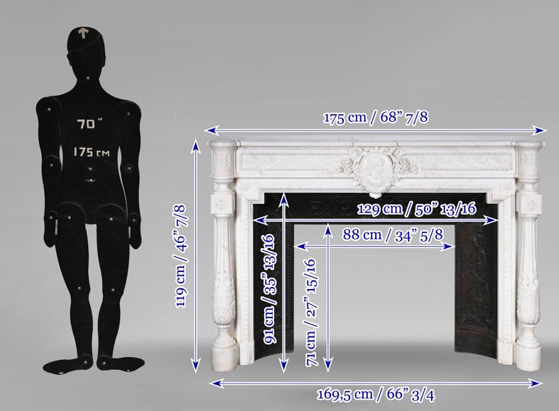 Louis XVI style white marble fireplace with columns and female profile medallion-17