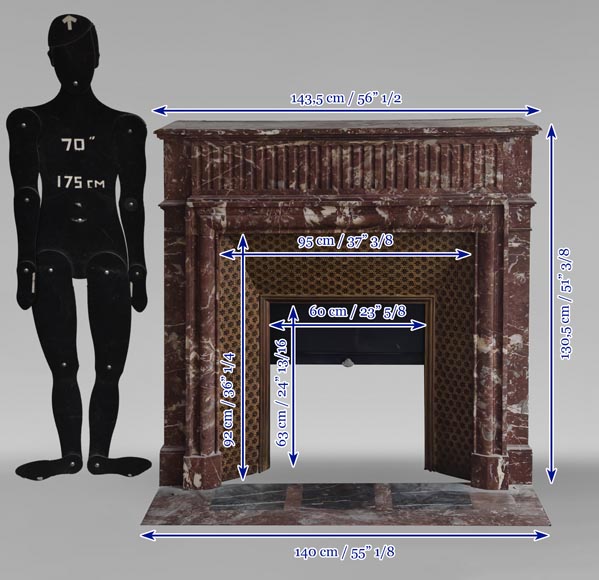 Louis XIV style mantel with acroterion in Rouge du Nord marble-10