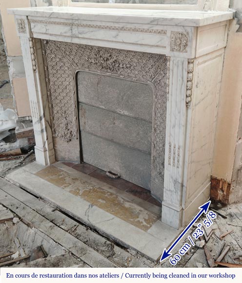 Louis XVI style mantel with pilaster feet carved in veined Carrara marble-6