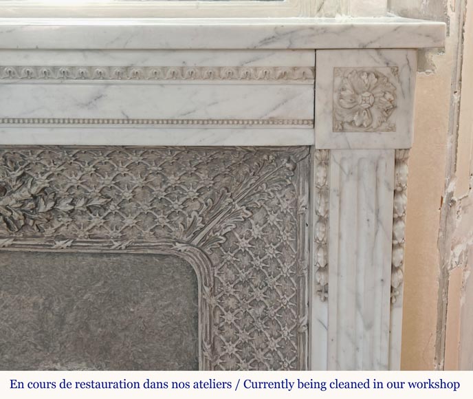 Louis XVI style mantel with pilaster feet carved in veined Carrara marble-7