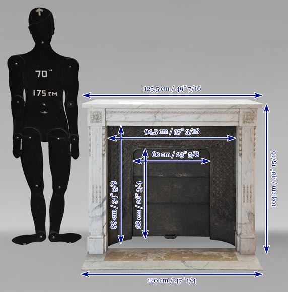 Louis XVI style mantel with pilaster feet carved in veined Carrara marble-11