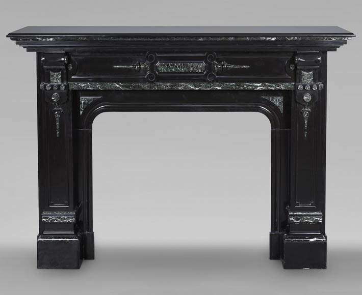 Napoleon III style two-tone mantel carved in fine black and Vert de Mer marble-0