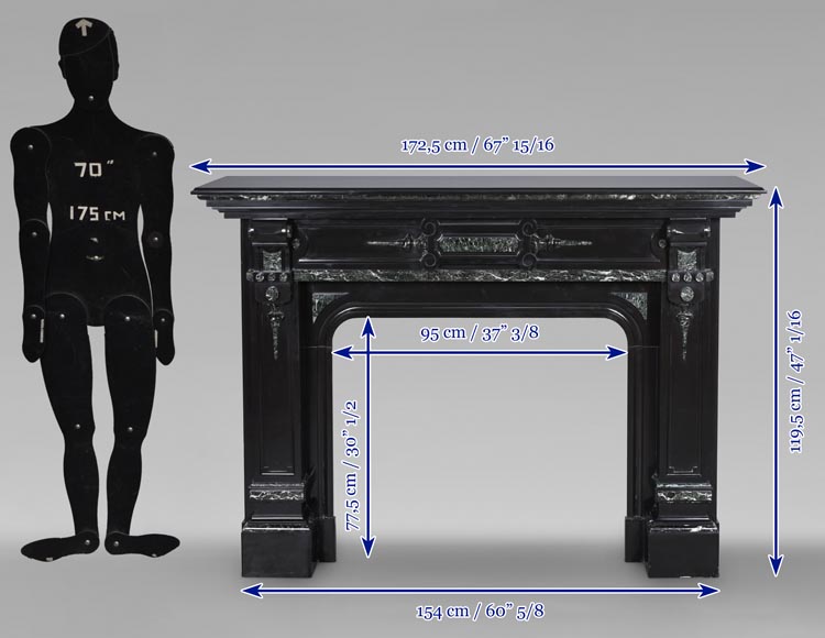 Napoleon III style two-tone mantel carved in fine black and Vert de Mer marble-10