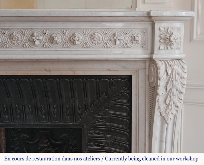 Louis XVI style curved Carrara marble mantel decorated with a frieze of macaroons-9