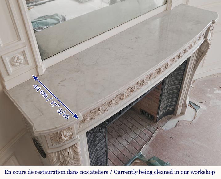 Louis XVI style curved Carrara marble mantel decorated with a frieze of macaroons-12