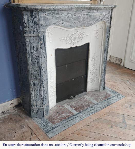 Small Louis XV style Pompadour mantel in Fleury blue marble-2