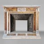 Louis XVI style two-tone fireplace in Carrara white and Sienna yellow, decorated with flower vases