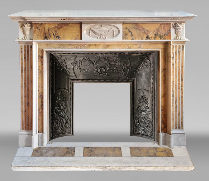 Louis XVI style two-tone fireplace in Carrara white and Sienna yellow, decorated with flower vases-0