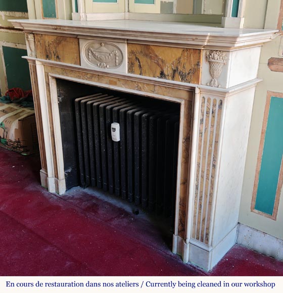 Louis XVI style two-tone fireplace in Carrara white and Sienna yellow, decorated with flower vases-5