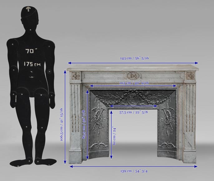 Louis XVI style fireplace in Carrare marble, decorated with floral fluting-12