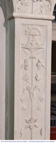 Neo-Renaissance style stone fireplace with vegetal ornamentation-7