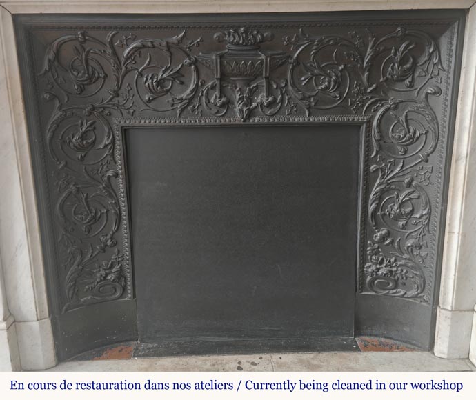 Louis XVI style fireplace in Carrara marble, decorated with pearls and macaroons-10