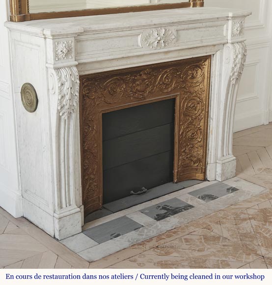Louis XVI style fireplace with acanthus leaves, carved in Carrara marble-3
