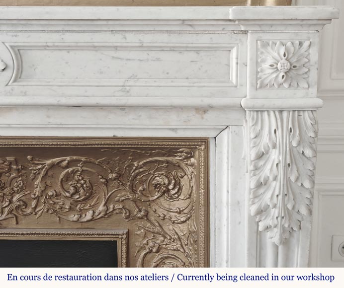 Louis XVI style fireplace with acanthus leaves, carved in Carrara marble-8