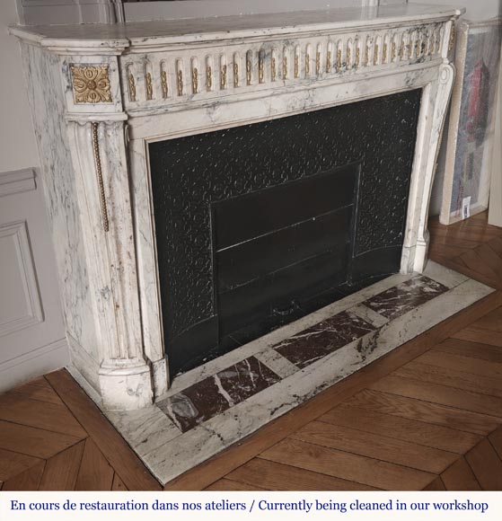 Curved Louis XVI style fireplace in veined marble, with bronze asparagus decoration-2