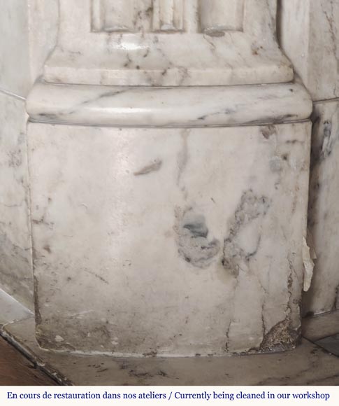 Curved Louis XVI style fireplace in veined marble, with bronze asparagus decoration-5