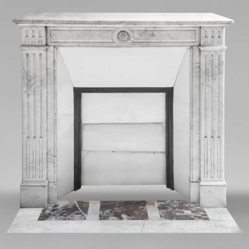 Louis XVI style fireplace in Carrara marble, decorated with a sunflower
