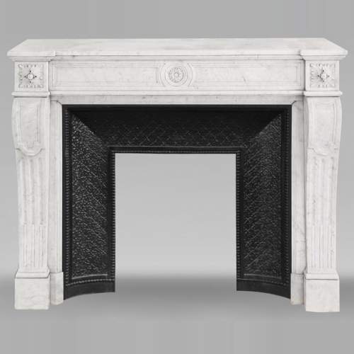 Louis XVI style fireplace in Carrara marble, decorated with sunflowers