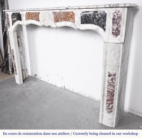 Provençal-style fireplace in veined Carrara marble and colored marble-7