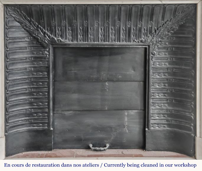 Curved Louis XVI style fireplace with beaded decoration, in semi-statuary marble.-11