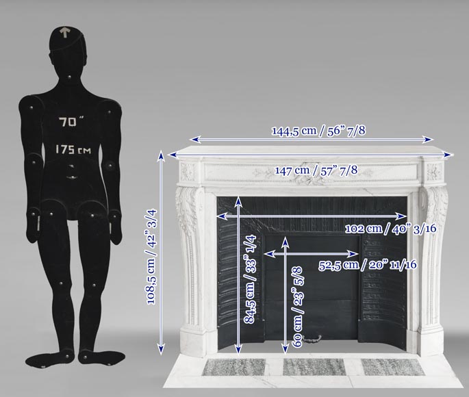 Curved Louis XVI style fireplace with beaded decoration, in semi-statuary marble.-14