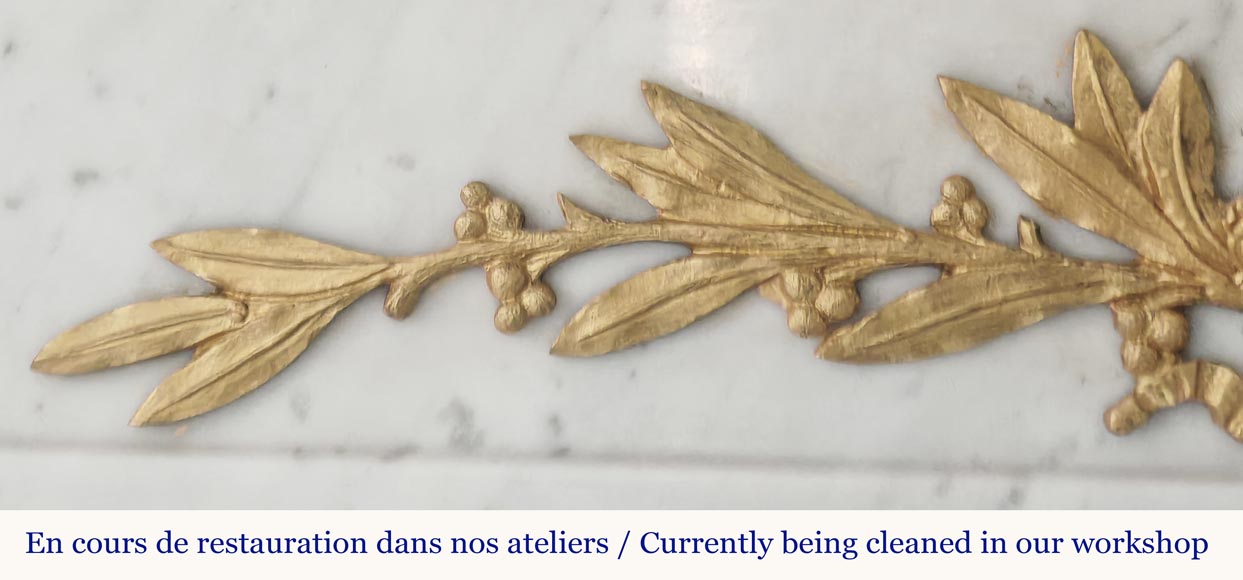 Louis XVI style fireplace with half-columns and bronze decorations, in Carrara marble-3