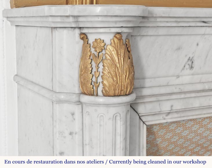 Louis XVI style fireplace with half-columns and bronze decorations, in Carrara marble-5