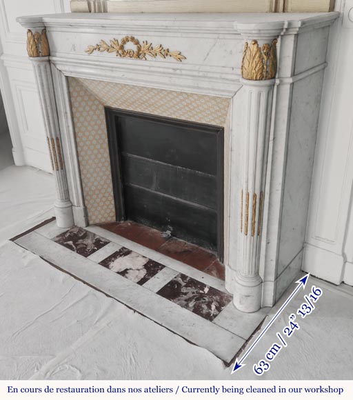 Louis XVI style fireplace with half-columns and bronze decorations, in Carrara marble-8