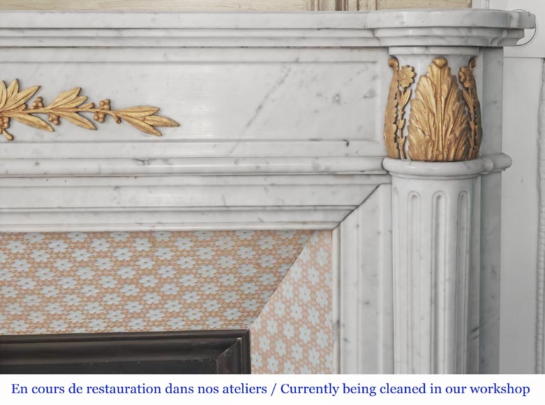 Louis XVI style fireplace with half-columns and bronze decorations, in Carrara marble-9