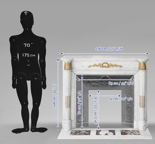 Louis XVI style fireplace with half-columns and bronze decorations, in Carrara marble-13